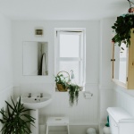 white bathroom with plants and checked floor tiles
