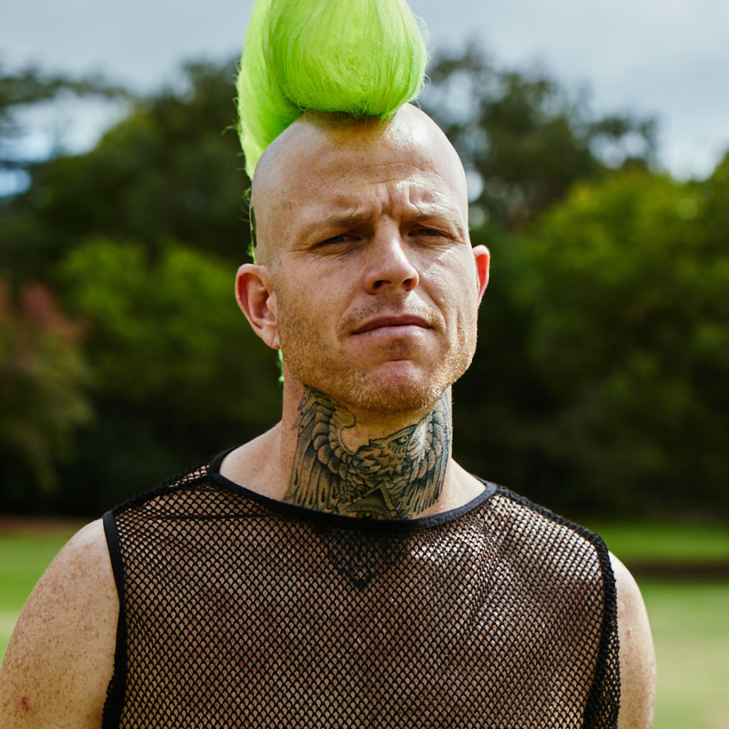 Nick Boshier with a green mowhawk in The Moth Effect